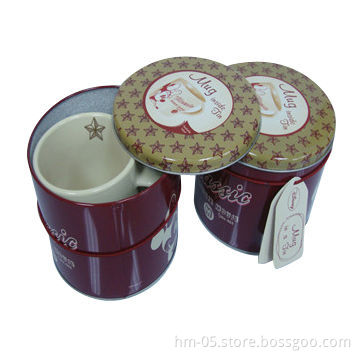 Round Gift Tin Box for Cup, with CMYK Printing, FDA/LFGB/EN71 Standards, OEM Designs Welcomed
